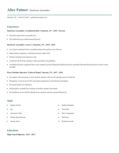 Hardware Assembler Resume