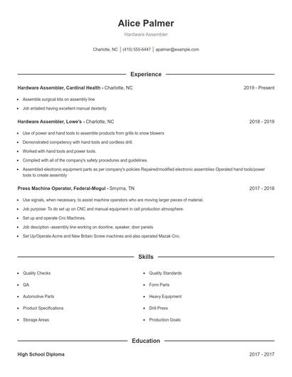 Hardware Assembler Resume