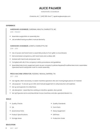 Hardware Assembler Resume