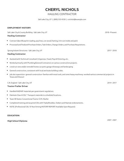 Hauling Contractor Resume