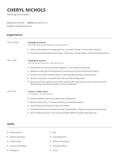 Hauling Contractor Resume