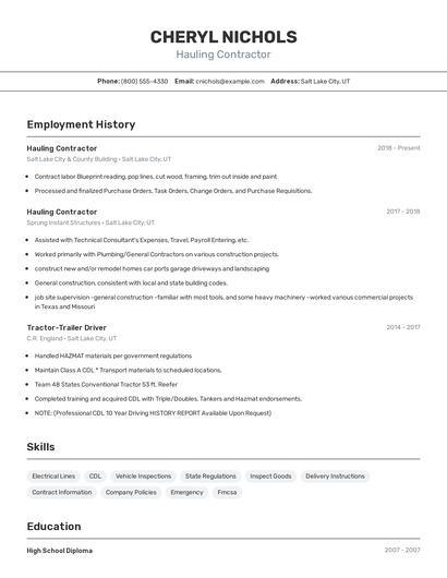 Hauling Contractor Resume