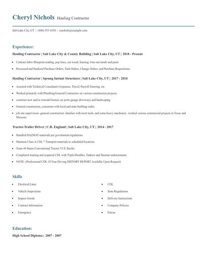 Hauling Contractor Resume