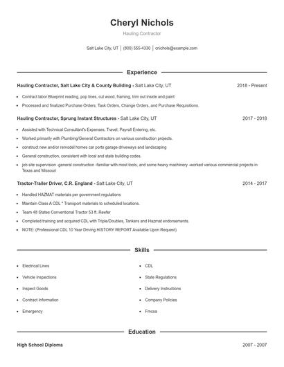 Hauling Contractor Resume