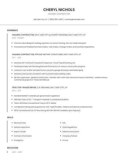Hauling Contractor Resume