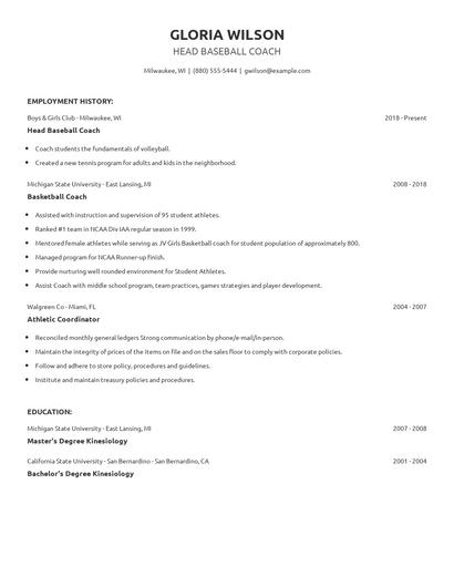 Head Baseball Coach Resume