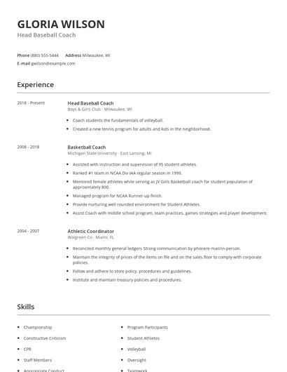Head Baseball Coach Resume