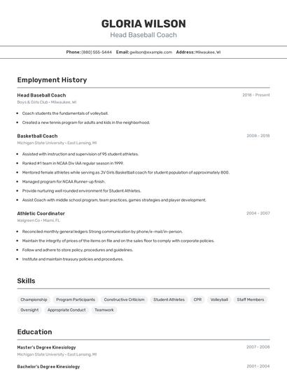 Head Baseball Coach Resume