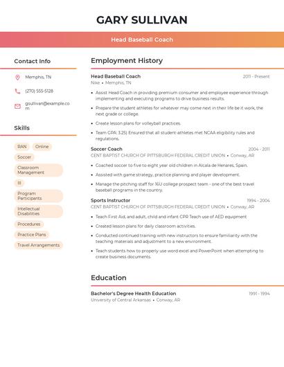 Head Baseball Coach Resume