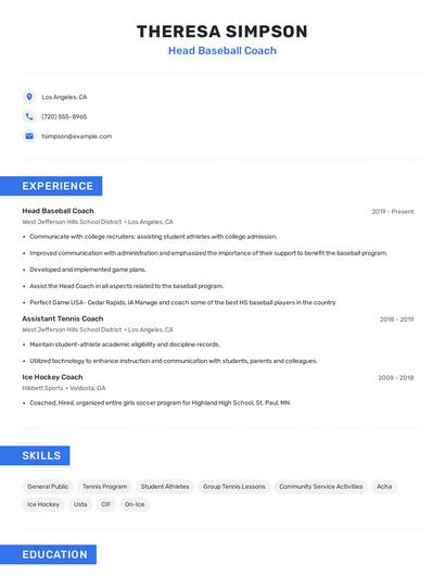 Head Baseball Coach Resume