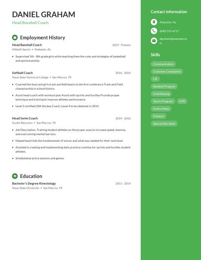 Head Baseball Coach Resume