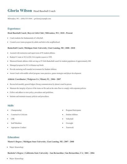 Head Baseball Coach Resume