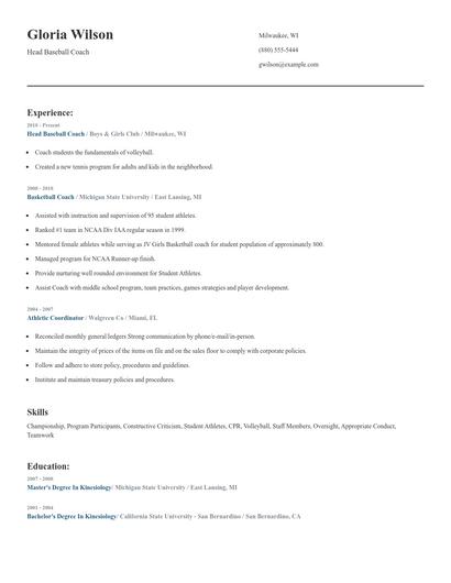 Head Baseball Coach Resume