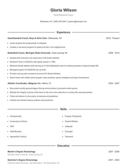 Head Baseball Coach Resume