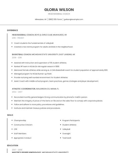 Head Baseball Coach Resume