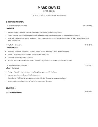 Head Clerk Resume