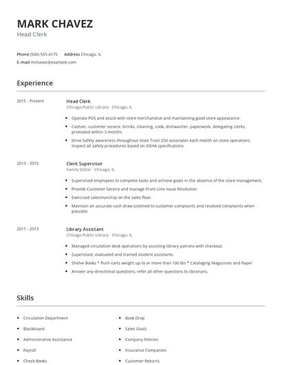 Head Clerk Resume