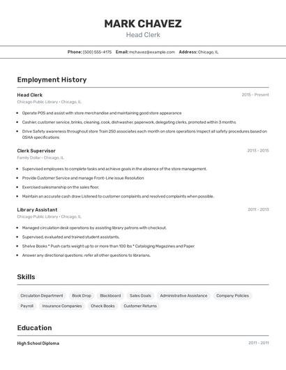 Head Clerk Resume