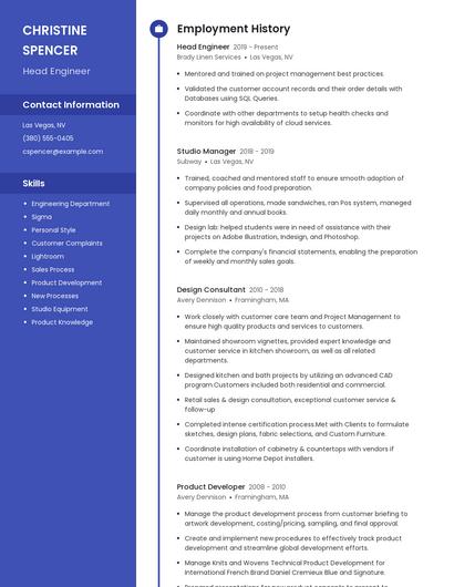 Head Engineer Resume