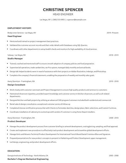 Head Engineer Resume