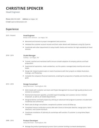 Head Engineer Resume