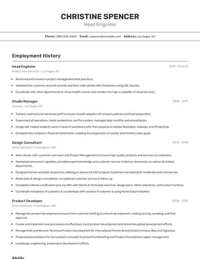 Head Engineer Resume