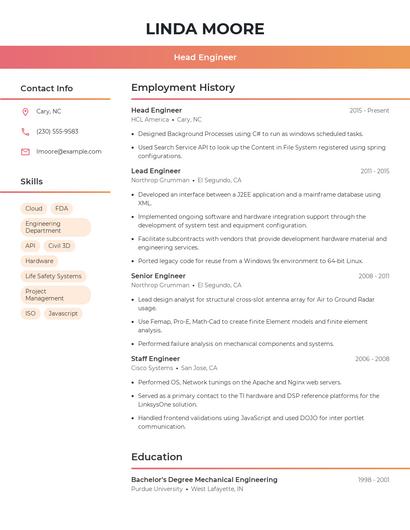Head Engineer Resume