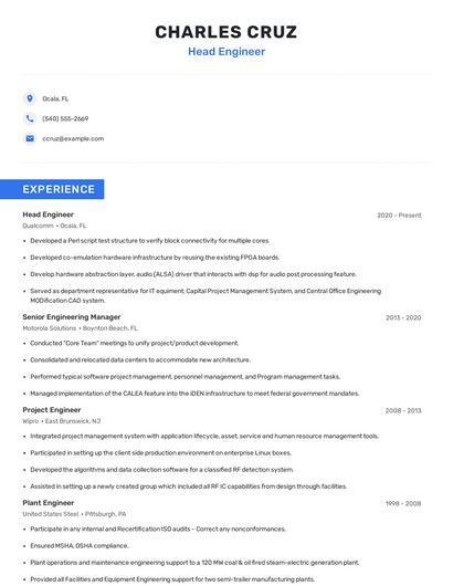 Head Engineer Resume