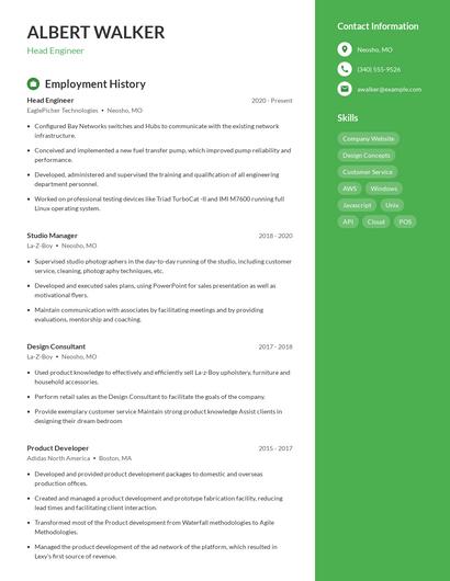 Head Engineer Resume