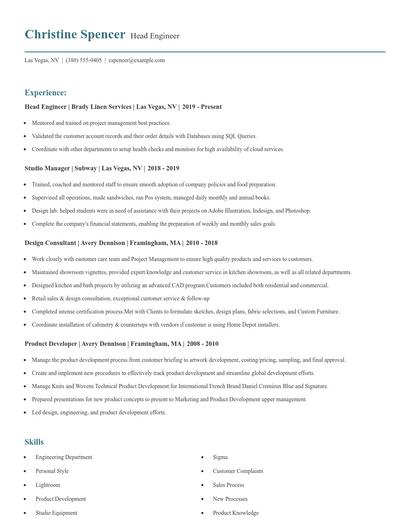 Head Engineer Resume