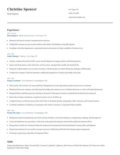 Head Engineer Resume
