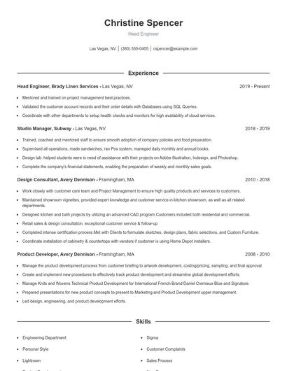 Head Engineer Resume