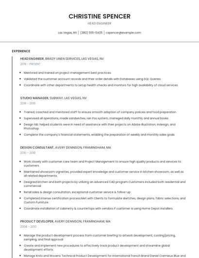 Head Engineer Resume