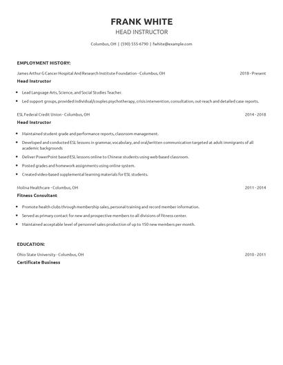 Head Instructor Resume