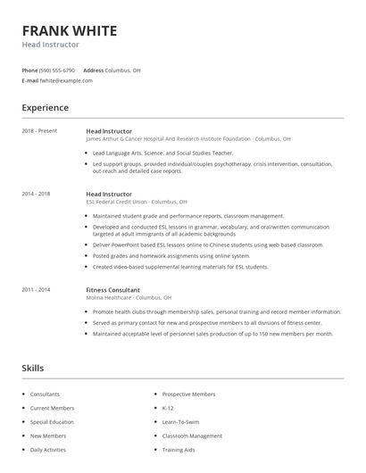 Head Instructor Resume
