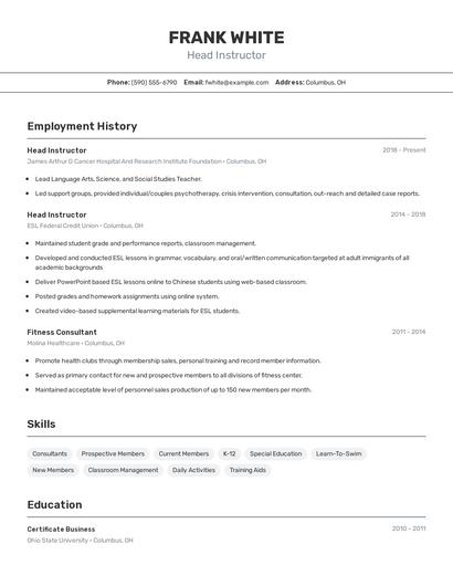 Head Instructor Resume