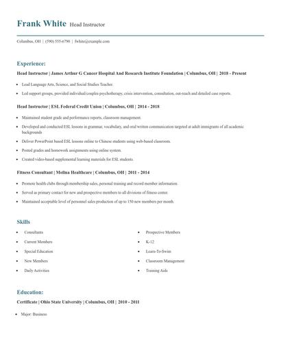 Head Instructor Resume