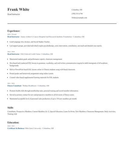 Head Instructor Resume