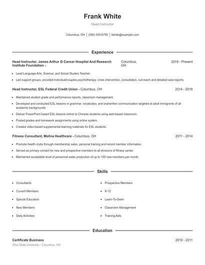 Head Instructor Resume