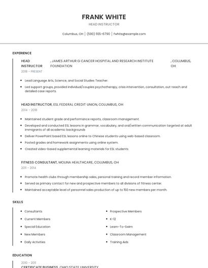 Head Instructor Resume