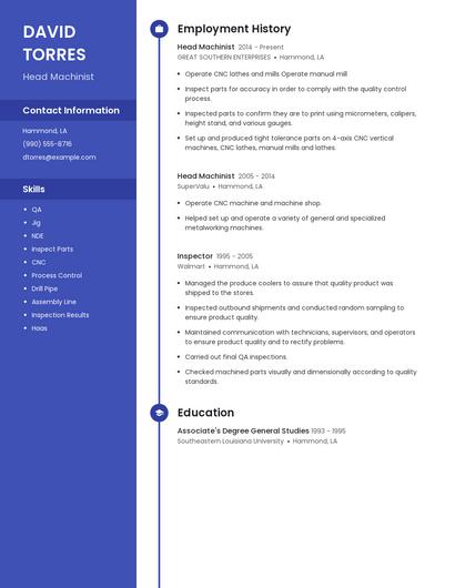 Head Machinist Resume