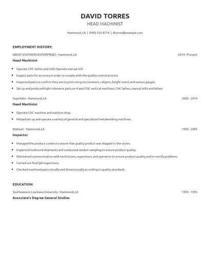 Head Machinist Resume