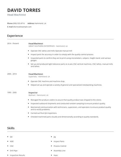 Head Machinist Resume
