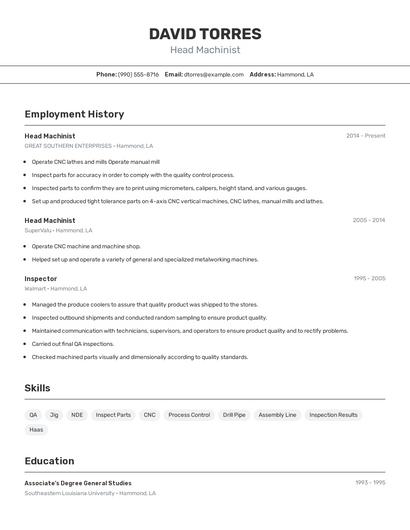 Head Machinist Resume