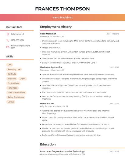 Head Machinist Resume