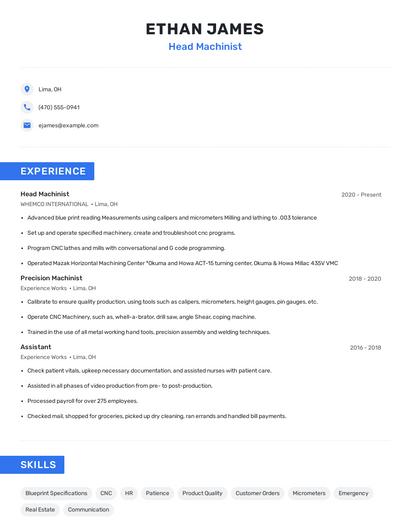 Head Machinist Resume