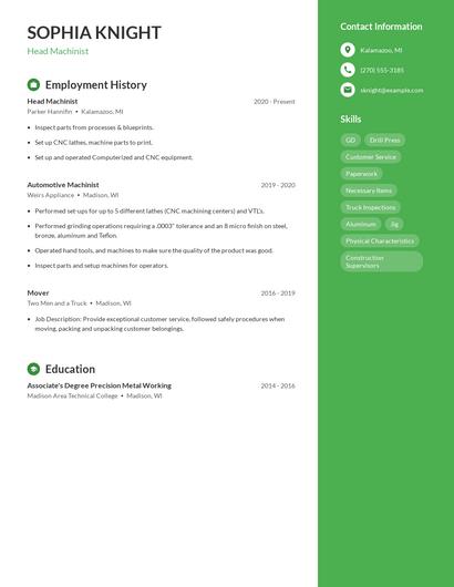 Head Machinist Resume
