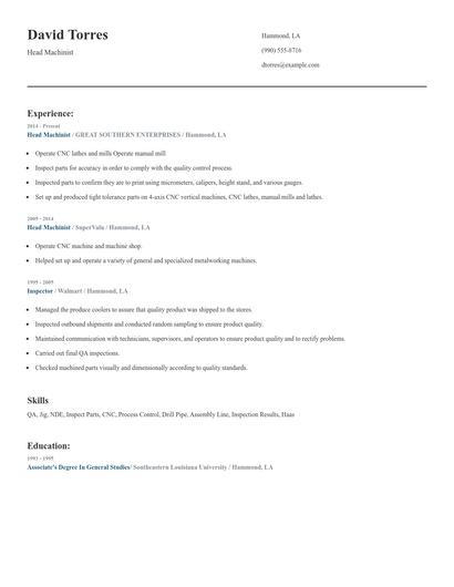 Head Machinist Resume