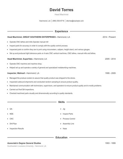 Head Machinist Resume