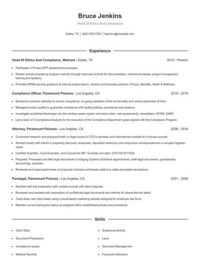 Head Of Ethics And Compliance Resume